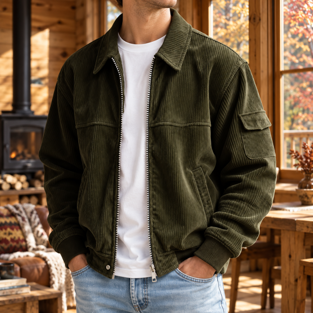 Veste homme olive en velours côtelé avec fermeture zippée et bords côtelés
