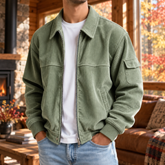 Veste homme vert clair en velours côtelé portée ouverte sur un t-shirt blanc
