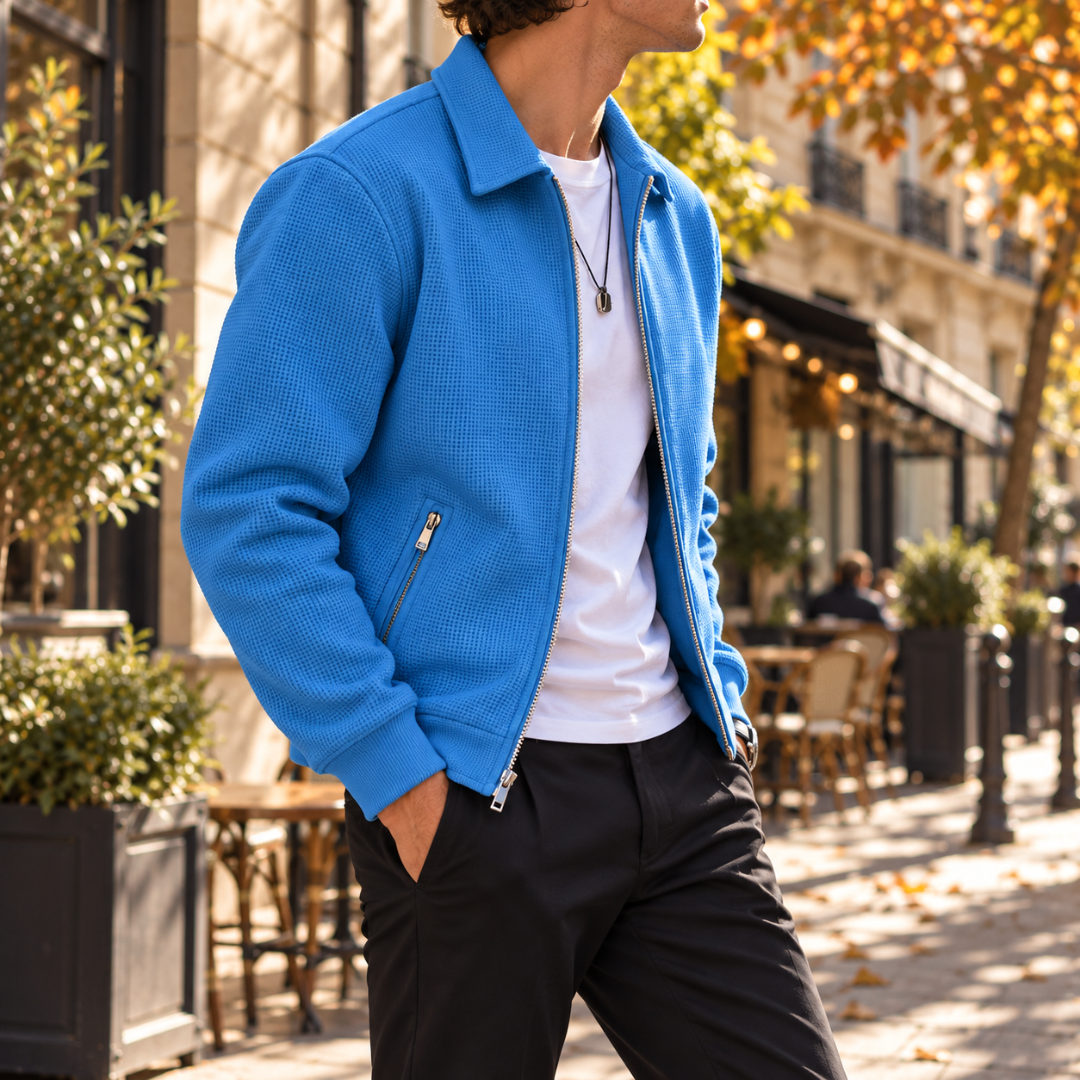 Veste bleue gaufrée vue de trois quarts, poche zippée et poignet côtelé visibles