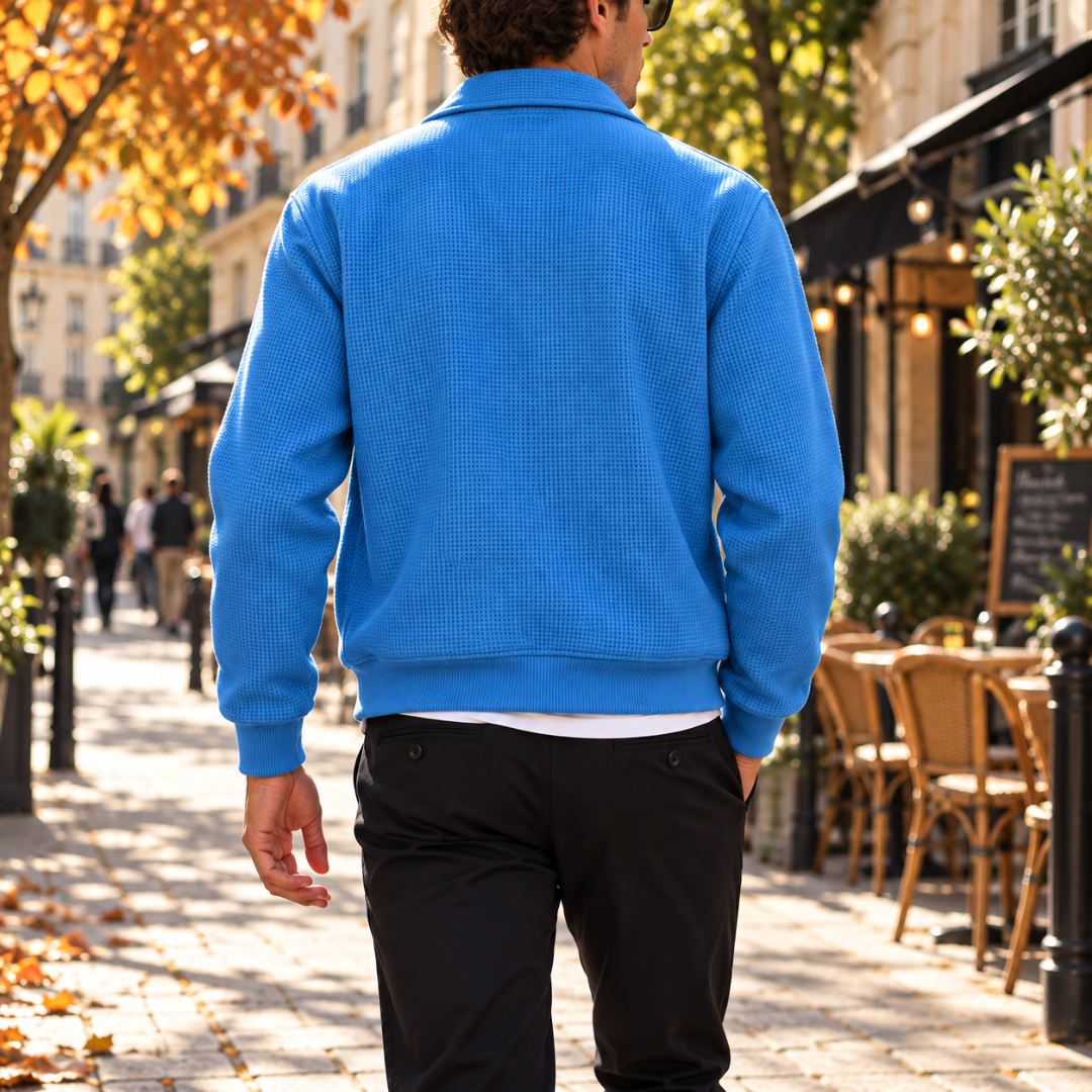 Dos de la veste homme bleue gaufrée, bande de taille côtelée et col rabattu