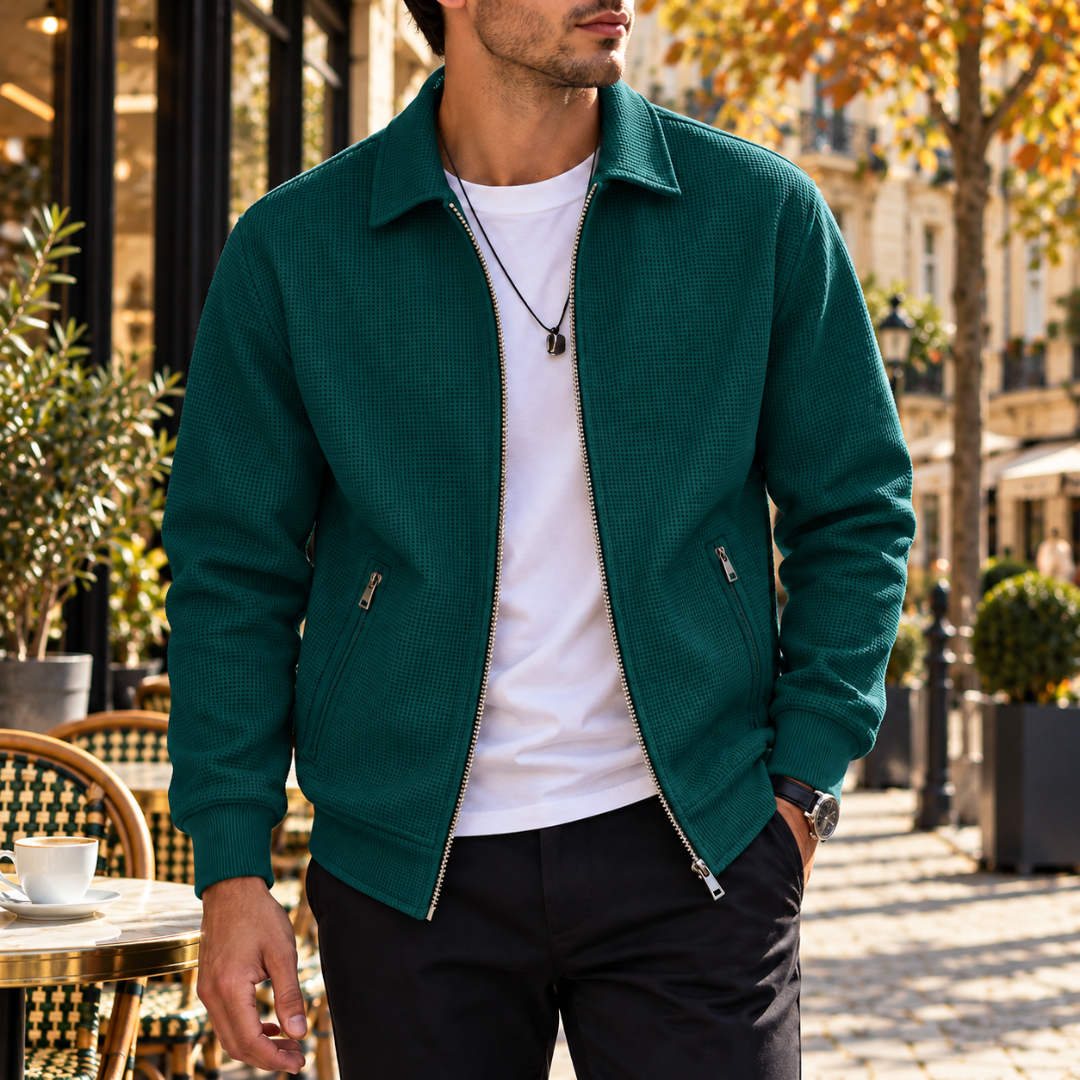 Veste homme verte gaufrée à col chemise, zip ouvert et bande de taille côtelée