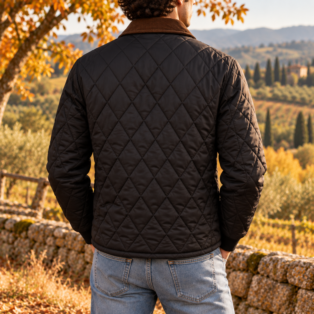 Dos de la veste homme noire avec matelassage en losanges et col côtelé marron