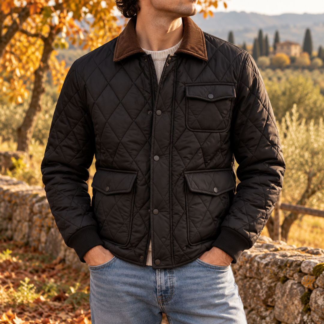 Veste noire matelassée ouverte sur un pull, boutons-pression et poche poitrine