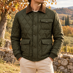 Veste homme matelassée verte à col en velours côtelé marron et boutons-pression