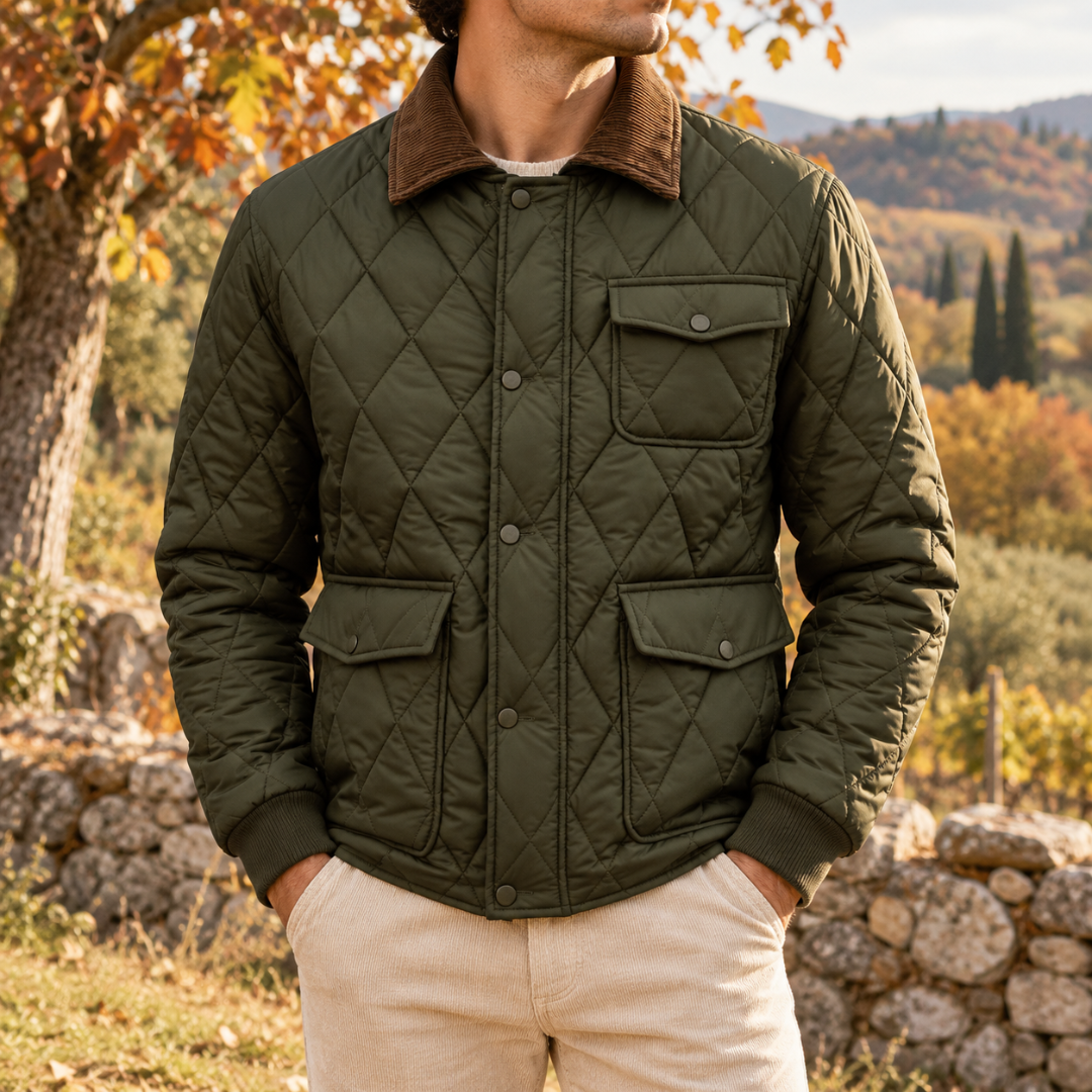 Veste homme matelassée verte à col en velours côtelé marron et boutons-pression