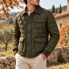 Veste verte matelassée de trois quarts, col côtelé marron et poche poitrine à rabat