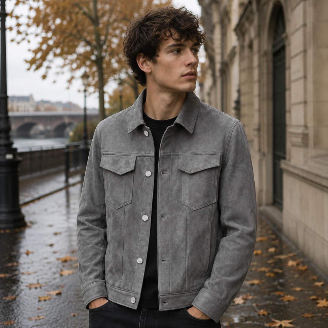 Veste homme trucker grise à col pointu et boutons clairs sur le devant