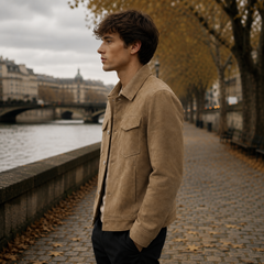 Veste marron portée de profil, fermeture boutonnée et poche poitrine visible