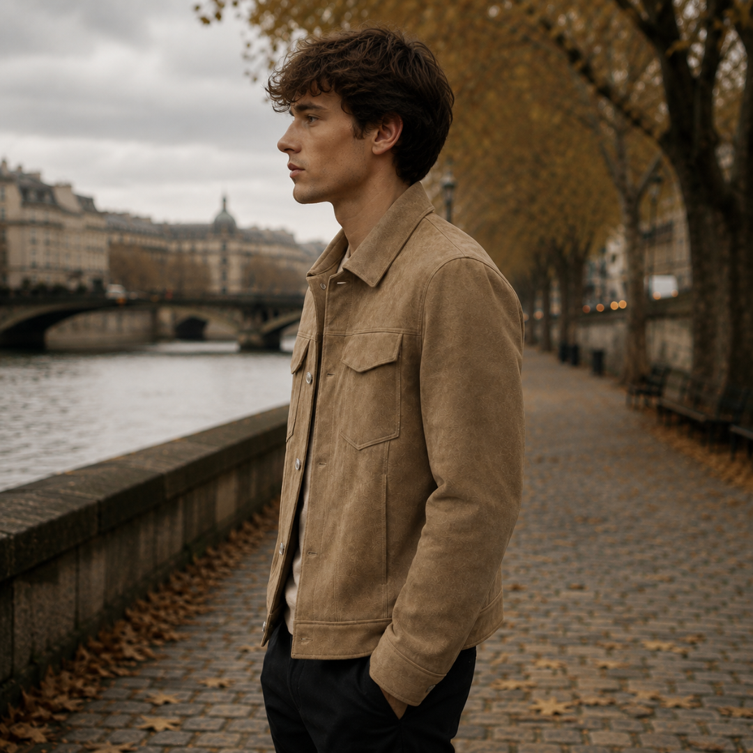 Veste marron portée de profil, fermeture boutonnée et poche poitrine visible