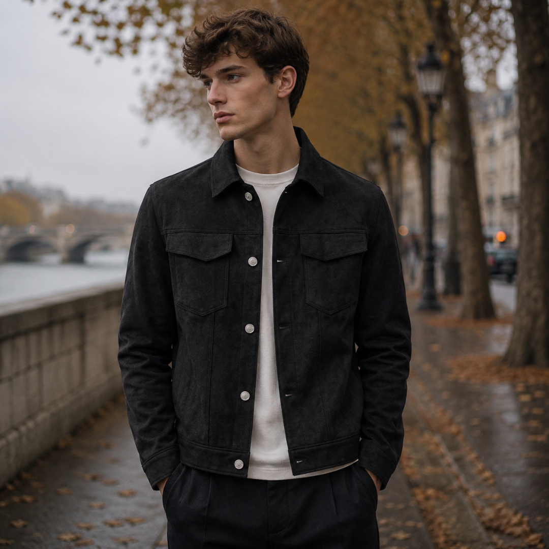 Veste homme trucker noire à deux poches poitrine à rabat et col chemise