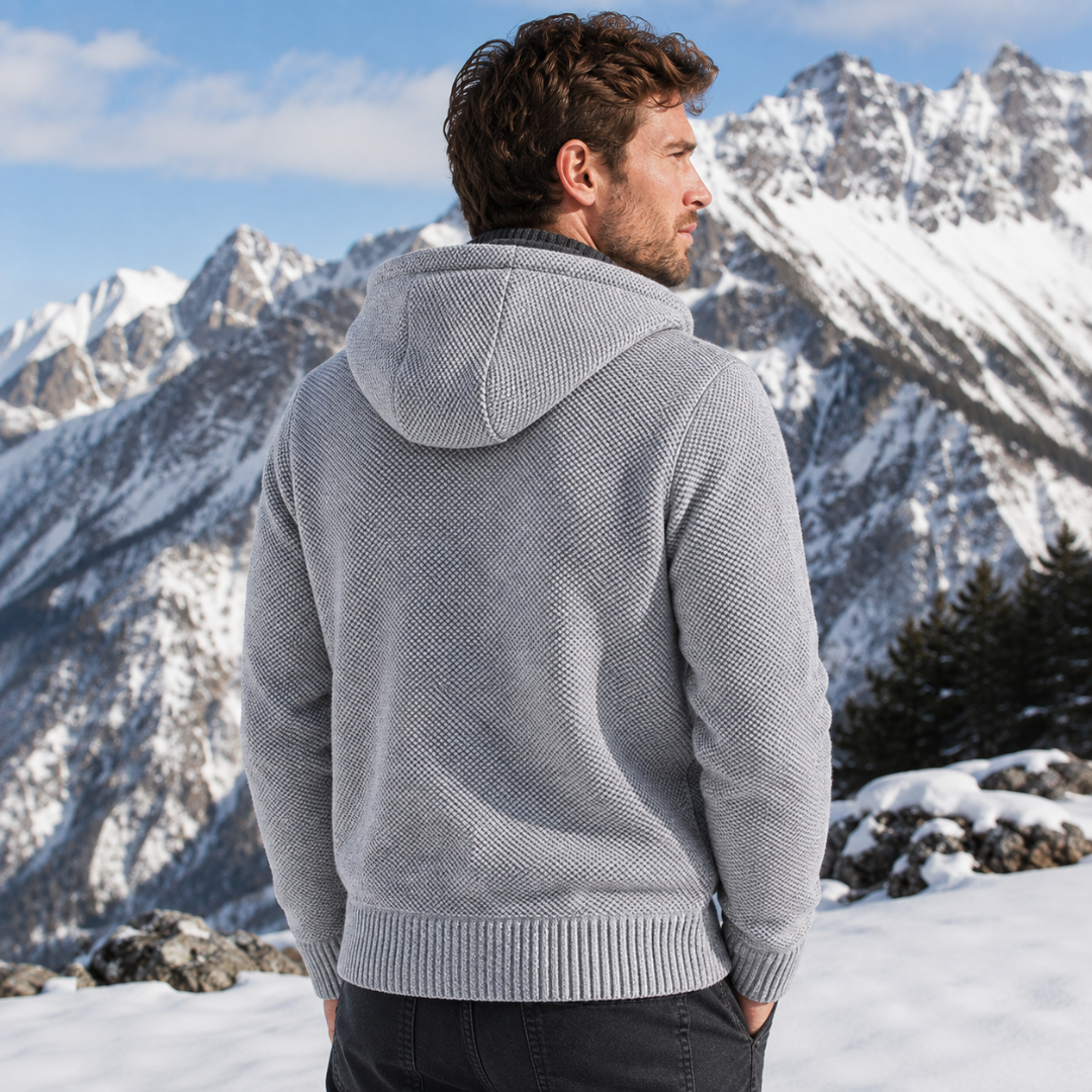 Dos de la veste homme gris clair, maille texturée et bord-côte à la taille