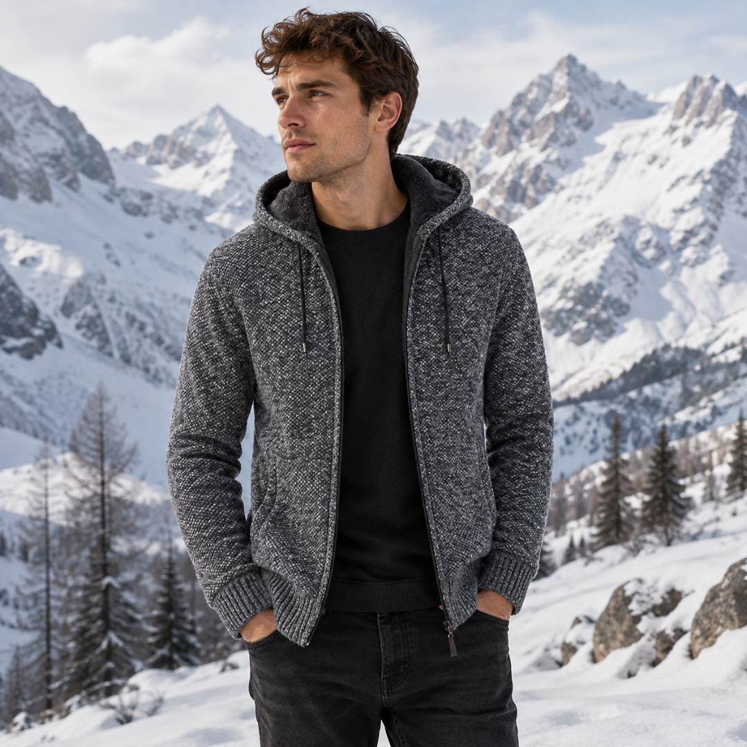 Veste homme gris foncé chinée à capuche, zip ouvert et poches passepoilées