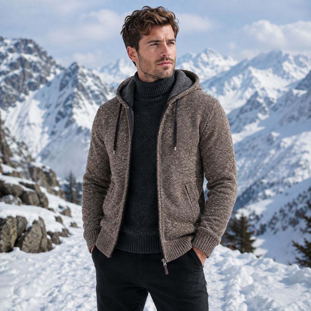 Veste homme marron chinée à capuche doublée, poche zippée poitrine, décor alpin