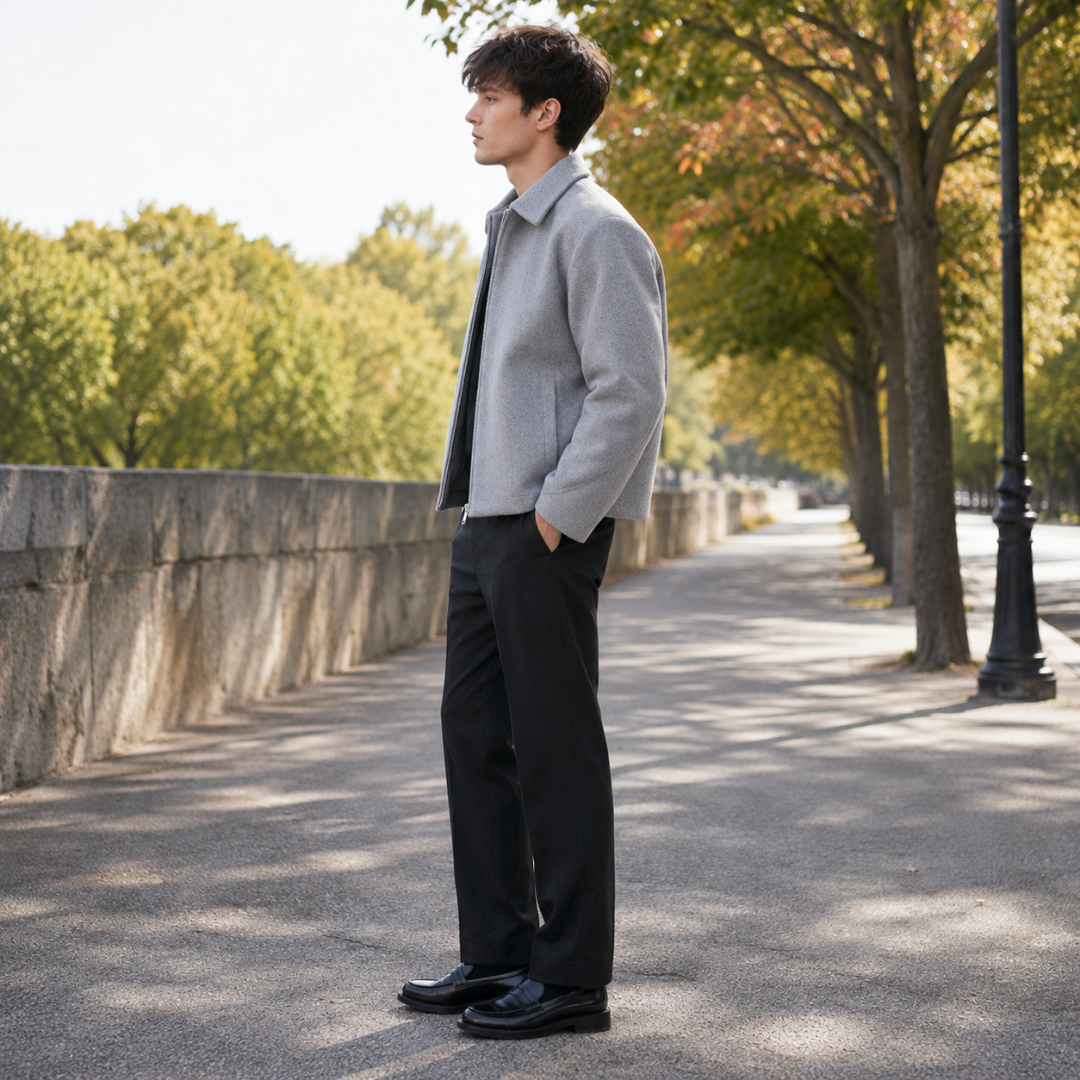 Profil de la veste homme grise courte, zip central et manches longues