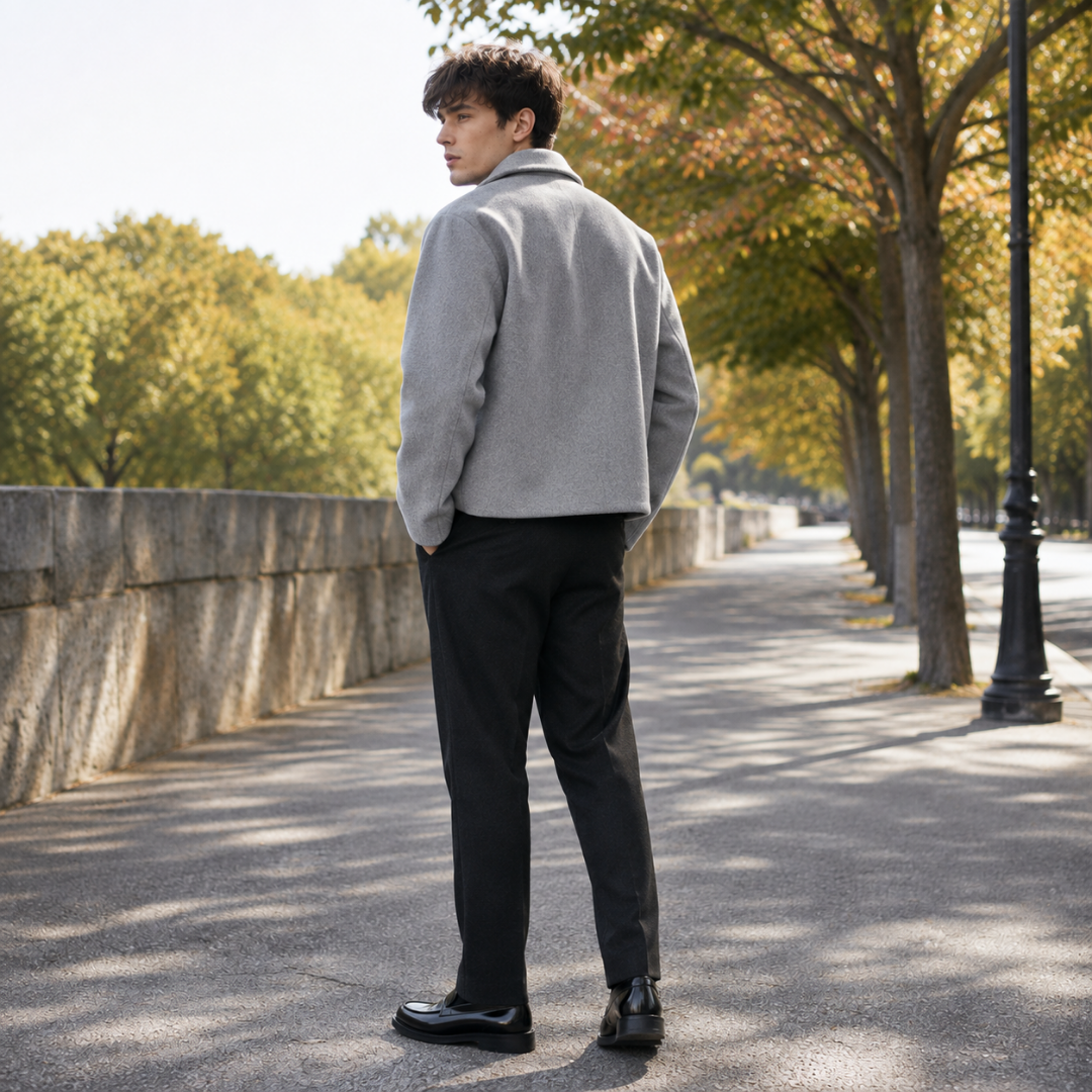 Dos de la veste homme grise courte avec col chemise rabattu