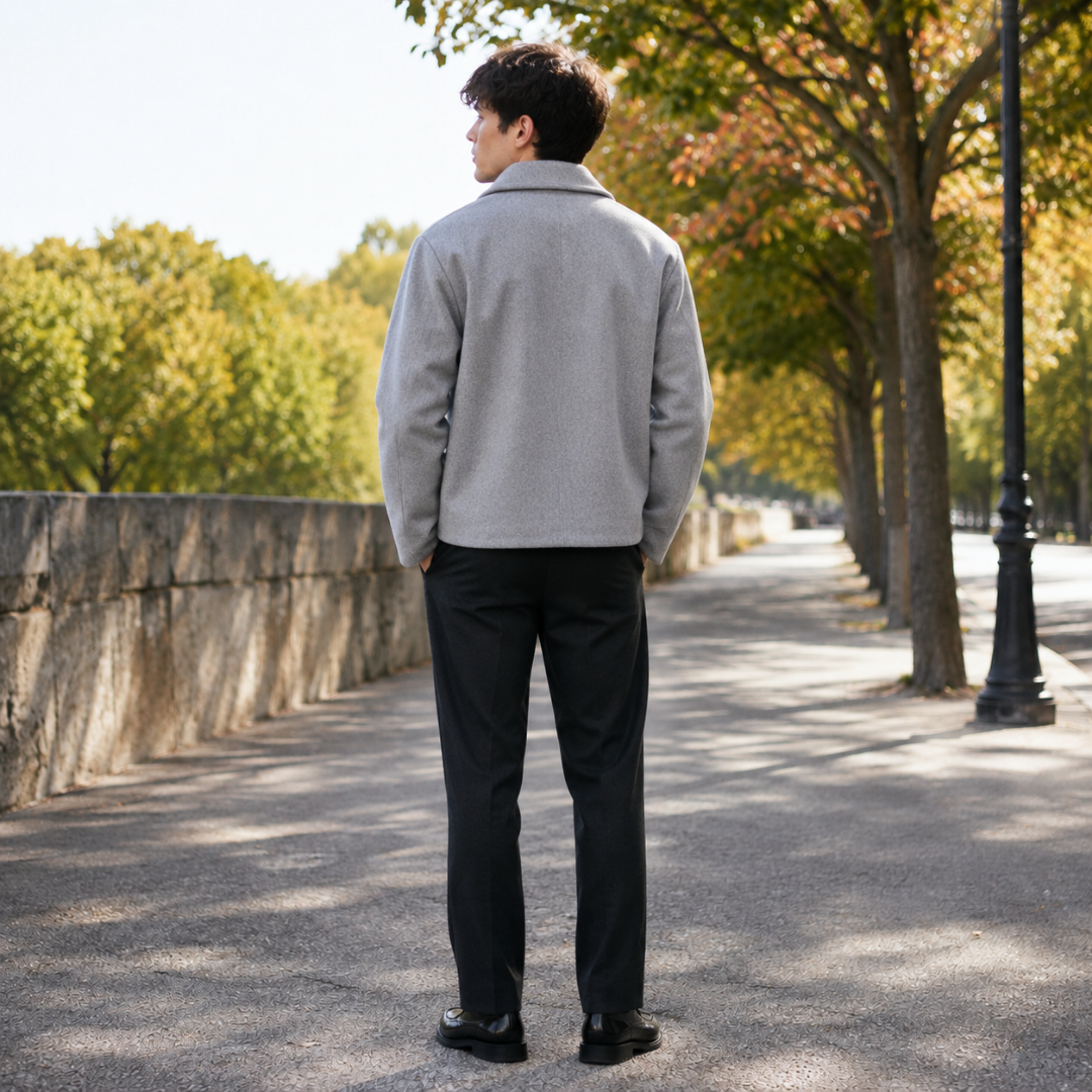 Veste homme grise vue de dos, ligne droite et bas de veste court