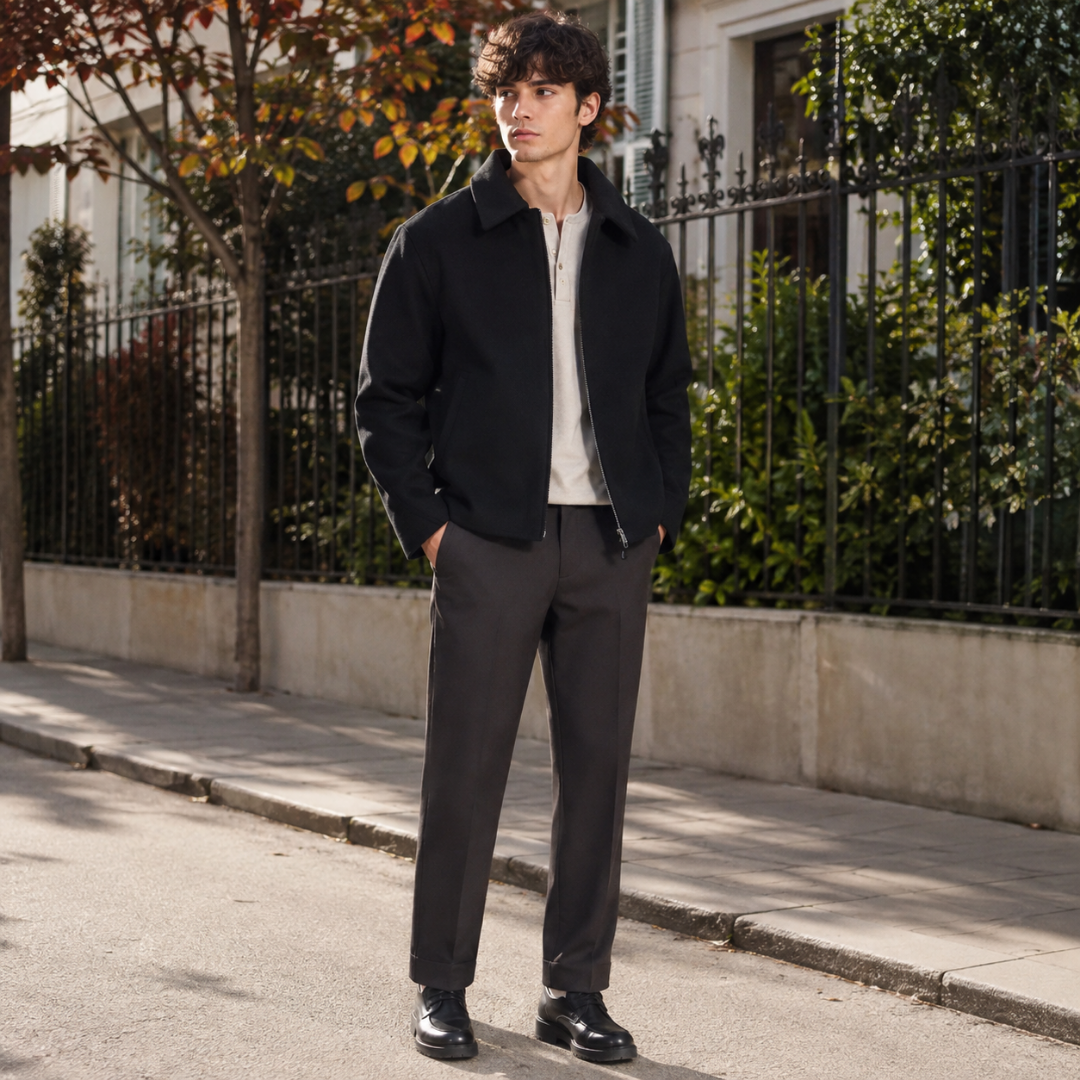 Veste homme noire zippée à col chemise portée sur un polo clair