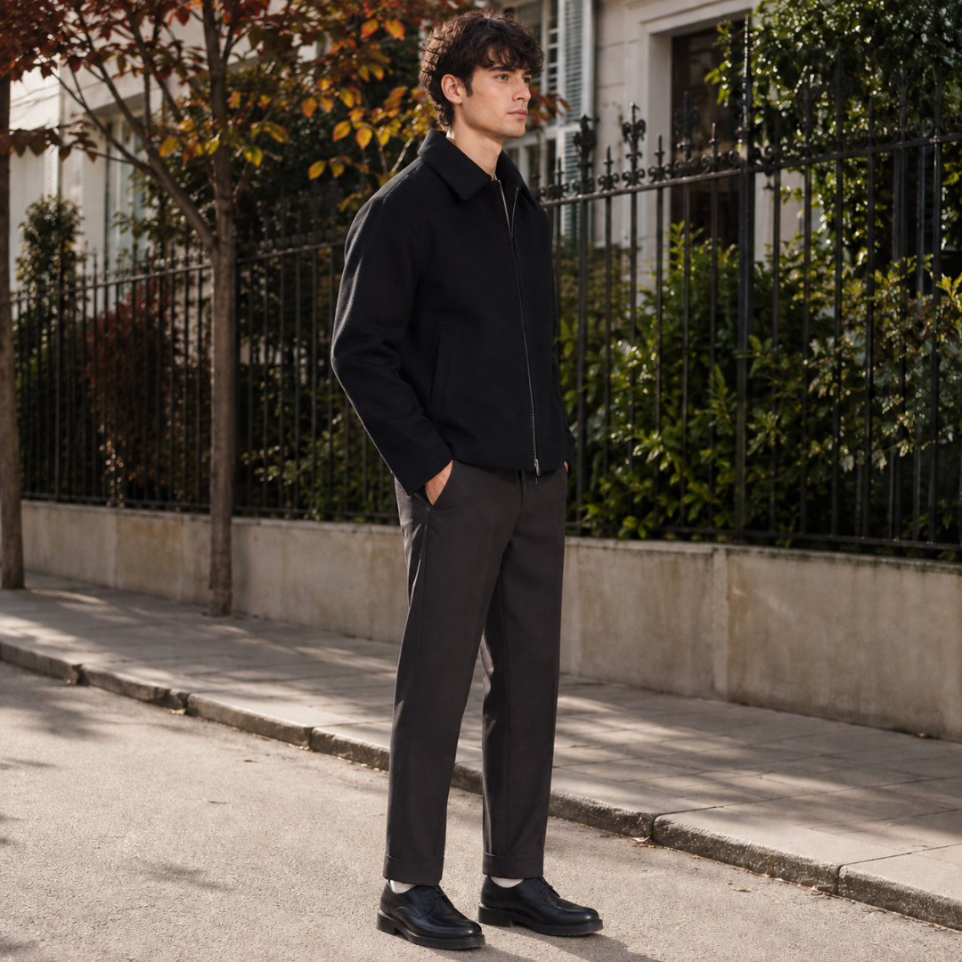 Veste homme noire fermée par son zip central et col chemise rabattu