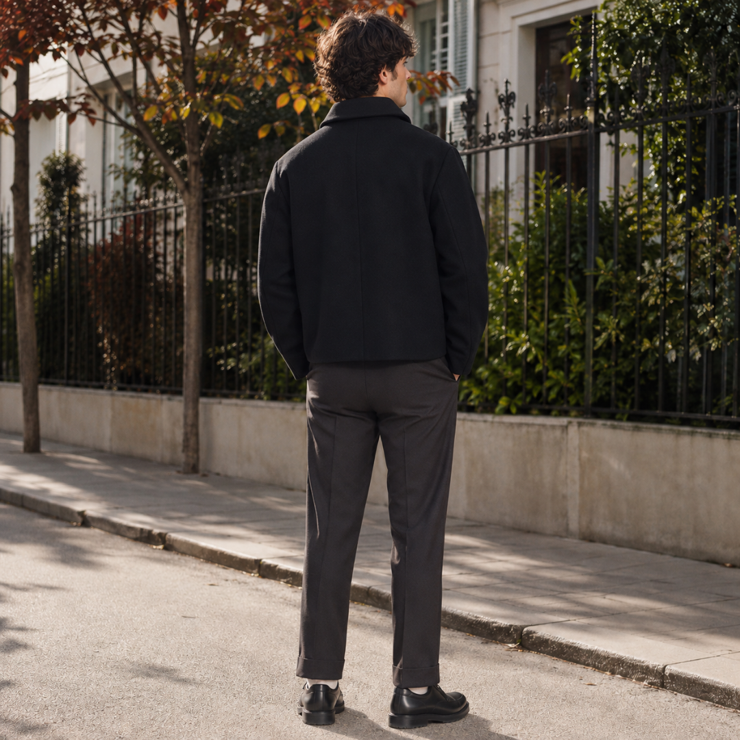 Dos de la veste homme noire courte avec manches longues et col rabattu