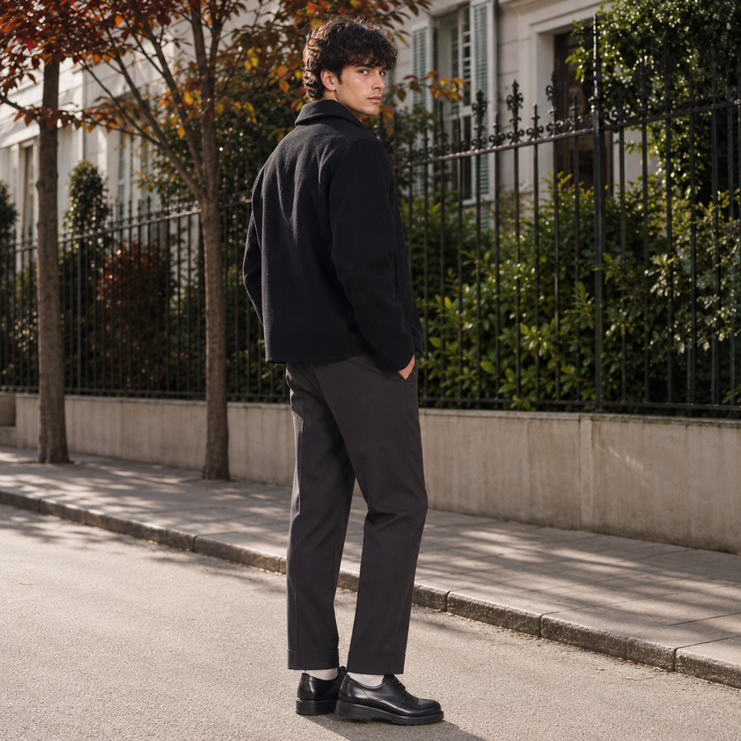 Veste homme noire de trois quarts dos, coupe courte à la taille