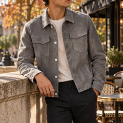 Veste trucker homme grise effet daim, boutonnage devant et col chemise