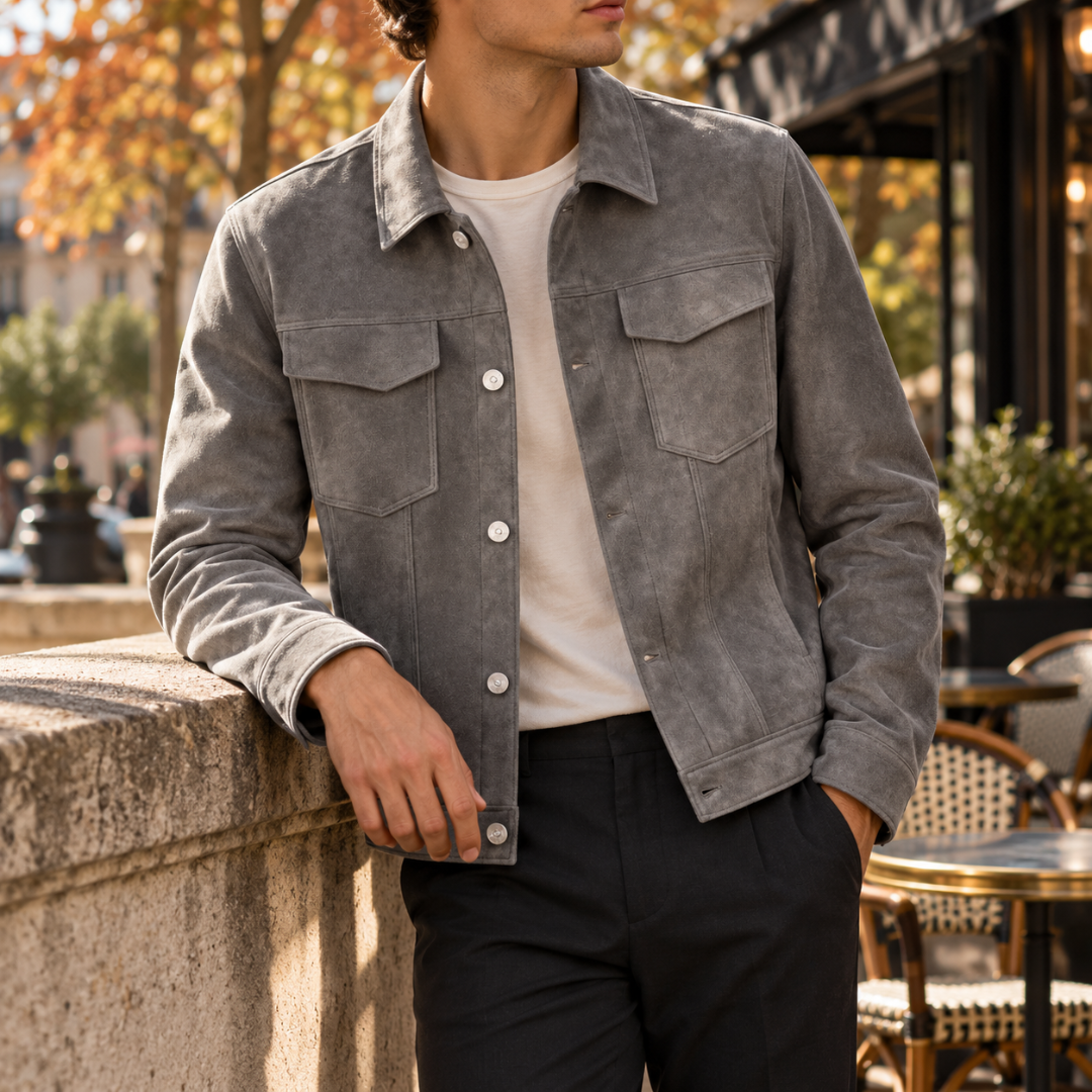 Veste trucker homme grise effet daim, boutonnage devant et col chemise