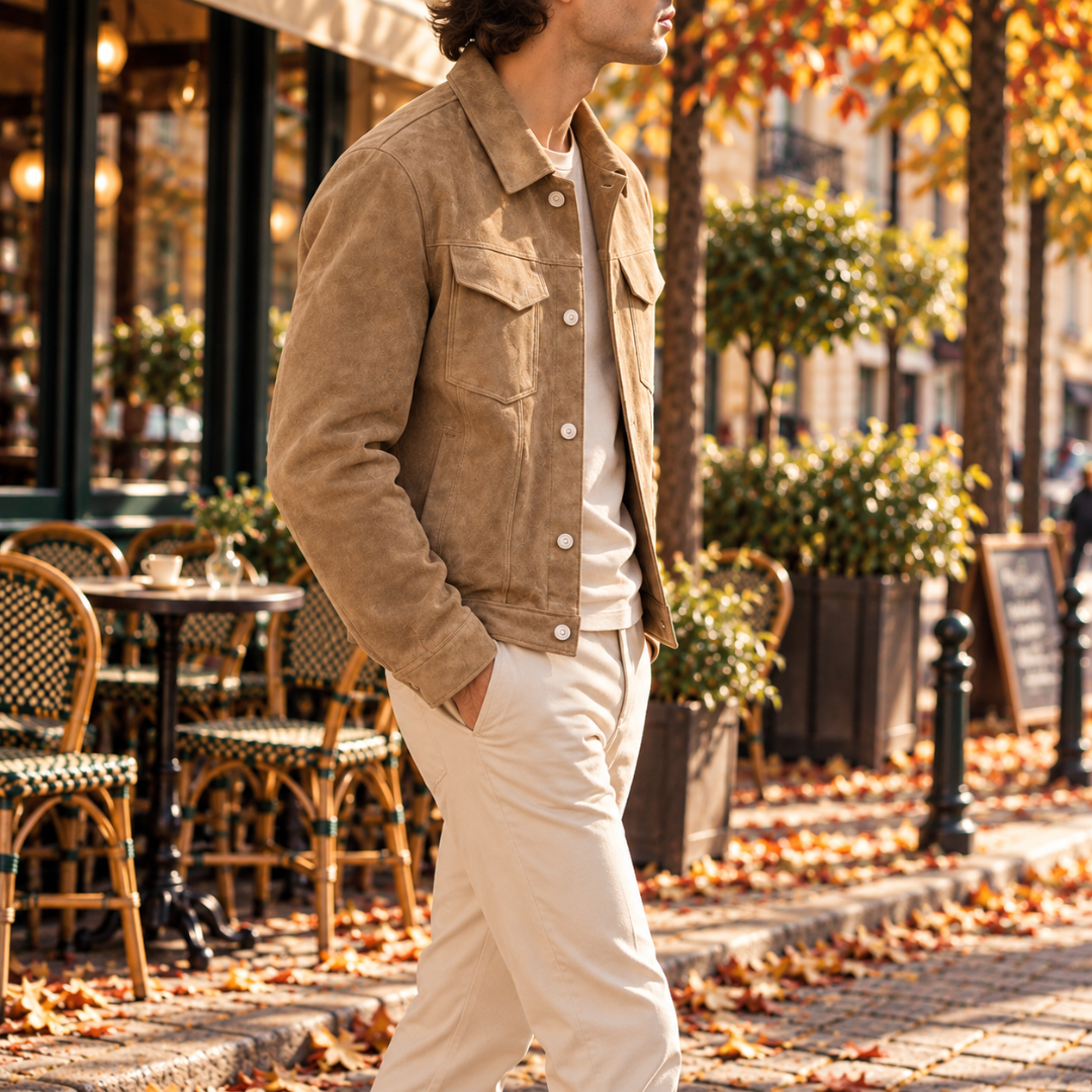 Veste homme kaki vue de profil, col chemise et poignet boutonné visible