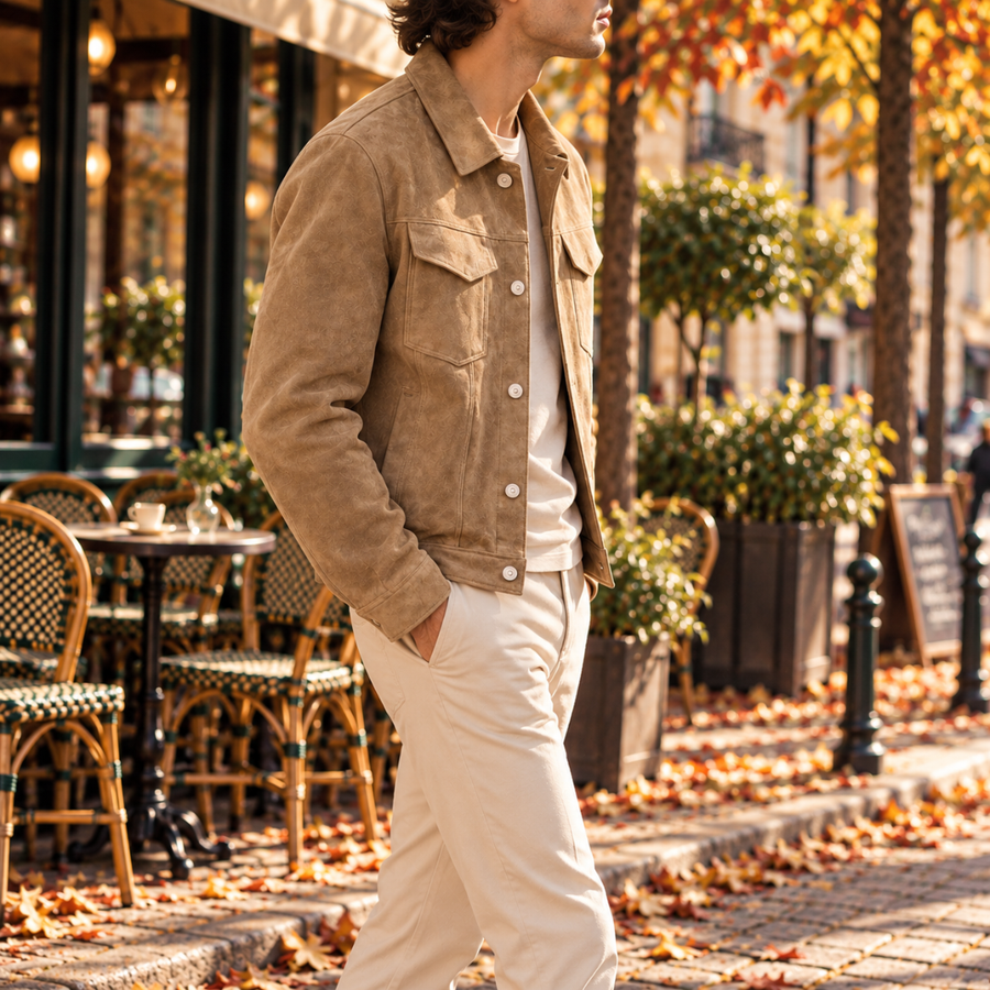 Veste homme kaki vue de profil, col chemise et poignet boutonné visible