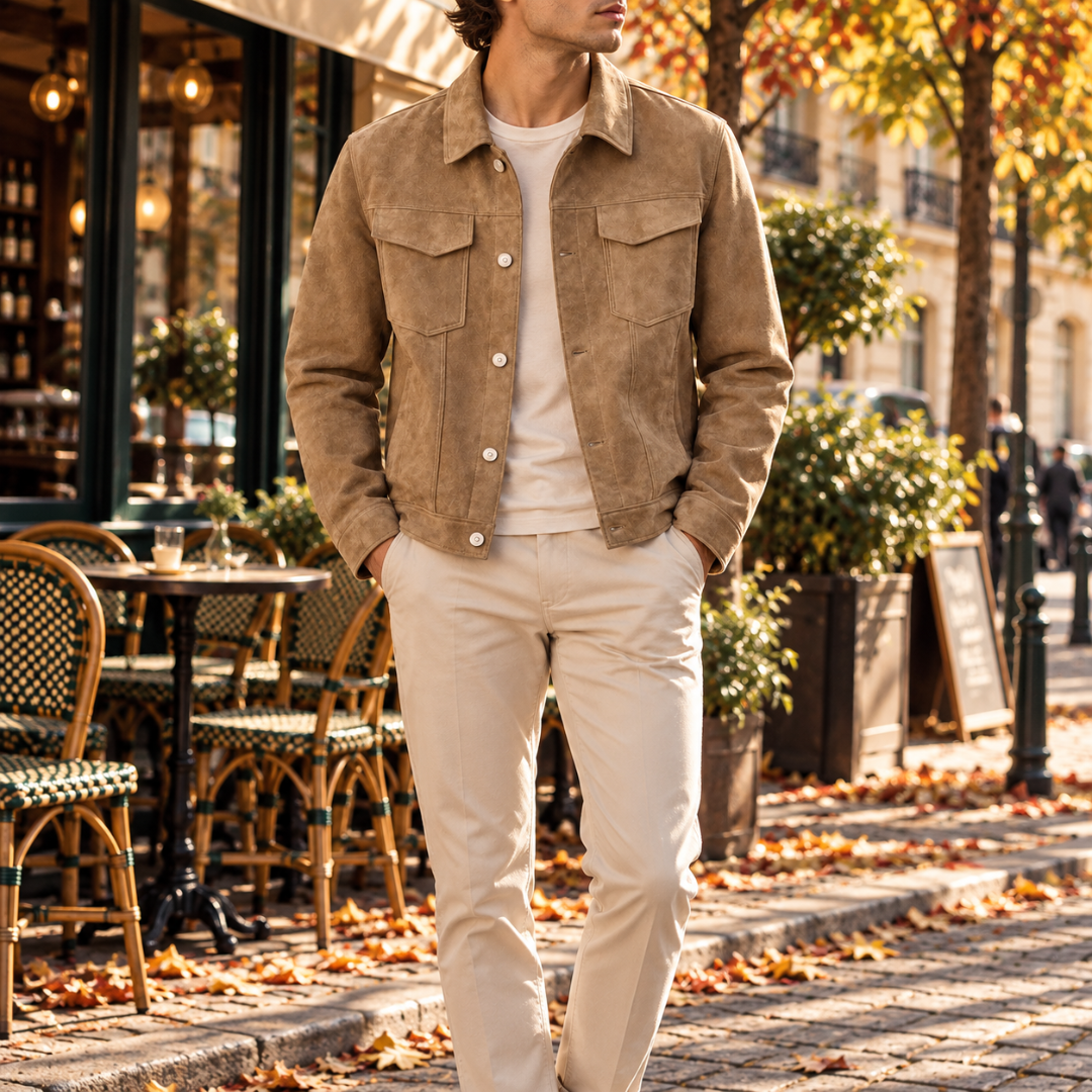 Veste trucker kaki portée ouverte sur un t-shirt blanc et pantalon clair
