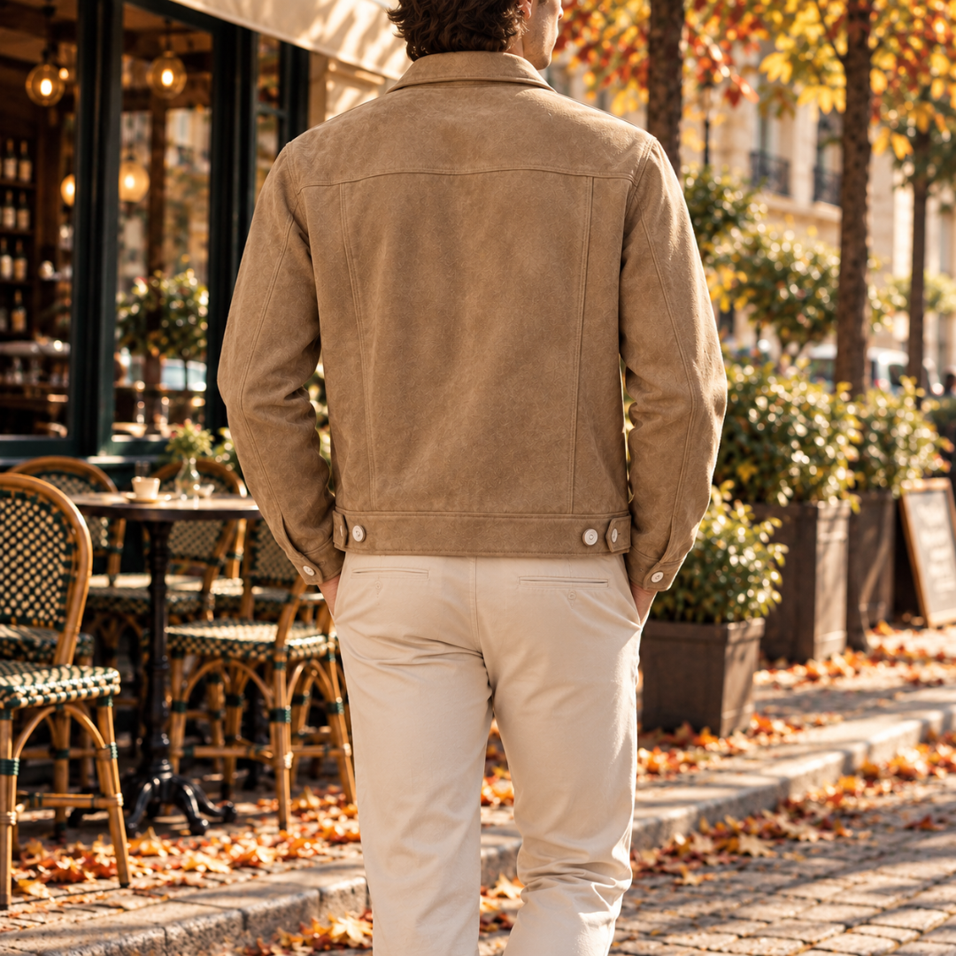 Dos de la veste homme kaki avec patte de serrage boutonnée à la taille