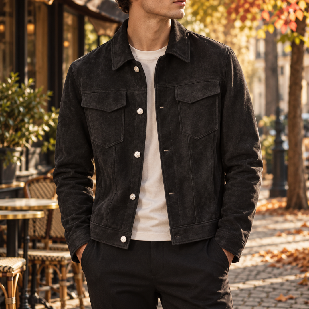 Veste trucker homme noire avec boutons clairs et deux poches poitrine